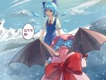  2girls absurdres bangs bat_wings bent_over blue_bow blue_dress blue_eyes blue_hair bow chinese_commentary chinese_text cirno commentary_request dress eyebrows_visible_through_hair from_behind gaanzi hair_bow hat highres ice ice_wings looking_at_another mob_cap multiple_girls neck_ribbon pinafore_dress pink_headwear puffy_short_sleeves puffy_sleeves red_bow red_neckwear red_ribbon remilia_scarlet ribbon shirt short_hair short_sleeves speech_bubble standing touhou translation_request upper_body white_shirt wings 