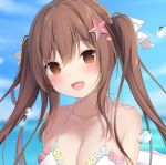  1girl :d amashiro_natsuki bangs bare_shoulders bikini bikini_top blue_flower blue_rose blue_sky blurry blurry_background blush brown_eyes brown_hair bubble cloud collarbone commentary_request day depth_of_field eyebrows_visible_through_hair flower hair_between_eyes hair_ribbon halter_top halterneck head_tilt long_hair looking_at_viewer open_mouth original outdoors pink_flower pink_rose ribbon rose sidelocks sky smile solo starfish_hair_ornament swimsuit twintails upper_body white_bikini white_ribbon yellow_flower yellow_rose 