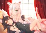  2girls ahoge animal_ear_fluff animal_ears arched_back barefoot bed black_camisole black_hair braid breasts brown_eyes camisole cleavage commentary_request curtains feet fox_ears fox_tail garters green_eyes highres hololive leg_up legs long_hair lying multiple_girls on_back on_stomach one_eye_closed ookami_mio pillow sakuraizumi_yuu shirakami_fubuki soles tail toes very_long_hair virtual_youtuber white_camisole white_hair window 