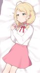  1girl ahoge bangs blonde_hair character_request cho628 commentary_request eyebrows_visible_through_hair green_eyes hair_ornament hairclip idolmaster idolmaster_cinderella_girls long_sleeves low_twintails lying on_back pink_ribbon red_ribbon ribbon shirt skirt sleepy solo twintails white_shirt 
