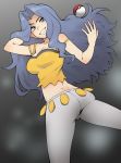  1girl ass bare_shoulders blue_eyes blue_hair breasts cleavage grin karin_(pokemon) long_hair looking_at_viewer midriff poke_ball pokemon pokemon_(game) pokemon_hgss smile solo strap_slip suruga_kreuz 