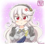  1girl anger_vein armor black_hairband closed_mouth corrin_(fire_emblem) corrin_(fire_emblem)_(female) eromame fire_emblem fire_emblem_fates hairband long_hair pointy_ears red_eyes solo twitter_username upper_body white_hair 