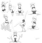  6+girls :d arm_up bare_arms bare_shoulders barefoot blush breasts chinese_commentary cleavage closed_mouth collarbone commentary_request cup desk disposable_cup drinking_straw greyscale hair_over_shoulder hair_ribbon hands_on_own_thighs handstand hatsunatsu highres holding holding_cup leg_up long_hair monochrome multiple_girls navel one_side_up open_mouth original outstretched_arm parted_lips patreon_username profile ribbon shadow short_shorts shorts sitting small_breasts smile sports_bra spread_legs squatting standing standing_on_one_leg twintails very_long_hair white_background 