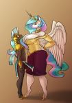  anthro balls big_breasts breasts cleavage clothed clothing equid erection female friendship_is_magic hand_on_hip hi_res horn joenobody_(artist) larger_female male male/female mammal my_little_pony penis princess_celestia_(mlp) royal_guard_(mlp) size_difference smaller_male unicorn winged_unicorn wings 