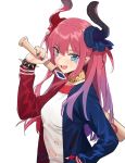  1girl :d aiko_(kanl) bangs baseball_bat blue_bow blue_eyes blue_nails bow bracelet breasts collar cosplay dragon_horns earrings elizabeth_bathory_(fate) elizabeth_bathory_(fate)_(all) facial_mark fang fate/extra fate/extra_ccc fate_(series) gradient_hair hair_between_eyes hair_bow hand_on_hip hand_up harley_quinn harley_quinn_(cosplay) heart holding_baseball_bat horns jacket jewelry long_hair long_sleeves looking_at_viewer makeup medium_breasts multicolored multicolored_clothes multicolored_hair multicolored_horns multicolored_jacket multicolored_nails nail_polish one_side_up open_clothes open_jacket open_mouth pink_hair purple_hair red_bow red_nails shirt sidelocks signature simple_background smile solo spiked_bracelet spikes suicide_squad torn_clothes upper_body white_background white_shirt 