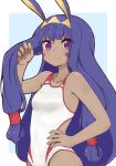  &gt;:) 1girl animal_ears bangs bare_arms bare_shoulders blue_background breasts closed_mouth competition_swimsuit dark_skin eyebrows_visible_through_hair facial_mark fate/grand_order fate_(series) hand_on_hip i.u.y jackal_ears long_hair nitocris_(fate/grand_order) nitocris_(swimsuit_assassin)_(fate) one-piece_swimsuit purple_eyes purple_hair sidelocks small_breasts smile solo swimsuit two-tone_background v-shaped_eyebrows very_long_hair white_background white_swimsuit 
