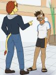  anthro bottomwear clothed clothing collar duo felid flip_flops footwear fully_clothed fuze hi_res hyaenid lion lock male mammal padlock pantherine sandals shorts spotted_hyena 