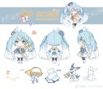  2020 absurdres ahoge band_uniform beamed_eighth_notes blue_eyes blue_hair boots bow bowtie bunny character_sheet chibi dress_bow eighth_note epaulettes french_horn fringe_trim from_behind from_side hat hat_feather hatsune_miku highres horn_(instrument) instrument long_hair looking_at_viewer maple_(57675110) mini_hat mini_top_hat musical_note musical_note_print official_art quarter_note sheet_music skirt smile snowflake_print staff_(music) thighhighs top_hat translated treble_clef twintails very_long_hair vocaloid yuki_miku yuki_miku_(2020) yukine_(vocaloid) 