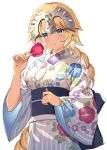  1girl :o absurdres akae_neo bangs blonde_hair blue_eyes blue_kimono blush braid breasts candy_apple commentary_request eyebrows_visible_through_hair fate/grand_order fate_(series) floral_print food hair_between_eyes headpiece highres holding holding_food japanese_clothes jeanne_d&#039;arc_(fate) jeanne_d&#039;arc_(fate)_(all) kimono long_hair long_sleeves looking_at_viewer medium_breasts obi parted_lips print_kimono sash simple_background single_braid solo striped vertical-striped_kimono vertical_stripes very_long_hair white_background white_kimono wide_sleeves 