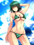  1girl arm_up ass_visible_through_thighs bangs bikini blue_sky blurry blurry_background blush breasts cloud day eyebrows_visible_through_hair fubuki_(one-punch_man) green_bikini green_eyes green_hair highres large_breasts navel nike_(0306) one-punch_man short_hair sky smile solo standing swimsuit 