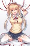  1girl ? bangs blonde_hair blue_skirt blush breasts brown_sweater cenangam collar collared_shirt cuffs fang girls_frontline hair_between_eyes handcuffs large_breasts long_hair looking_at_viewer m870_(girls_frontline) miniskirt neck_ribbon no_shoes open_mouth orange_eyes pleated_skirt red_ribbon restrained ribbon school_uniform shirt short_sleeves sitting skirt smile solo spoken_question_mark sweater sweater_vest thighhighs twintails undershirt uniform wariza white_shirt zettai_ryouiki 