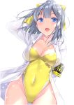  1girl absurdres arm_up armband bangs blue_eyes blush breasts bulbonne cleavage collarbone competition_swimsuit covered_navel eyebrows_visible_through_hair grey_hair hair_ornament hair_ribbon has_bad_revision has_downscaled_revision high_ponytail highres large_breasts long_hair long_sleeves looking_at_viewer one-piece_swimsuit open_clothes open_mouth open_shirt original ponytail ribbon shirt simple_background solo star star_hair_ornament swimsuit swimsuit_under_clothes white_background white_shirt yellow_ribbon yellow_swimsuit 