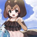  1girl :3 adapted_costume animal_ears animal_print bare_shoulders beach bikini blush brown_bikini brown_eyes brown_hair collarbone commentary_request dachshund_(kemono_friends)_(nyifu) dog_ears dog_print dog_tail elbow_gloves eyebrows_visible_through_hair fang frilled_bikini frills gloves innertube kemono_friends light_brown_hair midriff multicolored_hair navel nyifu ocean open_mouth original paw_print print_gloves short_hair sleeveless solo swimsuit tail 