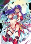  1girl aerial_drive bangs bikini blue_eyes blunt_bangs breasts center_opening cleavage fate/grand_order fate_(series) gauntlets gloves headgear highleg highleg_bikini kodama_yuu large_breasts long_hair looking_at_viewer mecha_musume navel purple_hair saint_martha solo swimsuit thigh_strap thighhighs thighs white_bikini 