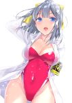  1girl absurdres arm_up armband bangs blue_eyes blush breasts bulbonne cleavage collarbone commentary_request competition_swimsuit covered_navel eyebrows_visible_through_hair grey_hair hair_ornament hair_ribbon has_bad_revision has_downscaled_revision high_ponytail highres large_breasts long_hair long_sleeves looking_at_viewer one-piece_swimsuit open_clothes open_mouth open_shirt original ponytail red_swimsuit ribbon shirt simple_background solo star star_hair_ornament swimsuit swimsuit_under_clothes white_background white_shirt yellow_ribbon 