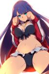  1girl aqua_eyes ass_visible_through_thighs bangs bikini black_bikini blunt_bangs breasts choker cis05 cleavage collarbone cross cross_choker fate/grand_order fate_(series) fighting_stance frilled_bikini frills jacket large_breasts long_hair long_sleeves looking_at_viewer navel open_clothes open_jacket open_mouth purple_hair red_jacket saint_martha saint_martha_(swimsuit_ruler)_(fate) simple_background solo straight_hair swimsuit thighs very_long_hair white_background 