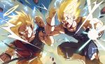  2boys abs anger_vein annoyed aqua_eyes aura battle blonde_hair blood blood_from_mouth blurry blurry_background clenched_hand clenched_hands clenched_teeth d: dirty dirty_clothes dirty_face dougi dragon_ball dragon_ball_z electricity energy_ball fighting fighting_stance fingernails frown gloves halo head_tilt highres looking_at_another majin_vegeta male_focus multiple_boys muscle open_mouth rock shaded_face sharp_teeth sleeveless son_gokuu spiked_hair super_saiyan sweat sweatdrop teeth torn_clothes torn_legwear twitter_username vegeta veins virusmao_db white_gloves wristband 