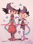  &gt;:( 2boys abstract armor arms_at_sides beige_background black_eyes black_footwear black_hair blurry blush blush_stickers boots d: depth_of_field dougi dragon_ball dragon_ball_super dragon_ball_z expressionless eyes_visible_through_hair frown full_body gloves hand_on_hip hand_on_own_shoulder height_difference highres holding looking_at_viewer male_focus messy_hair monkey_tail multiple_boys nyoibo open_mouth shadow side-by-side simple_background son_gokuu spiked_hair standing star starry_background suzuka_g tail thigh_gap v-shaped_eyebrows vegeta white_footwear white_gloves wristband 