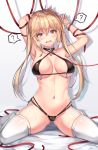  1girl ? armpits arms_up ass_visible_through_thighs bare_arms bare_shoulders bikini black_bikini breasts breasts_apart breath brown_eyes brown_hair cenangam collar collarbone criss-cross_halter cuffs fangs girls_frontline halterneck handcuffs highleg highleg_bikini large_breasts leash long_hair looking_at_viewer m870_(girls_frontline) navel no_shoes open_mouth red_ribbon restrained ribbon shadow side-tie_bikini sitting skindentation solo spoken_question_mark sweat swimsuit thighhighs twintails wariza white_legwear 