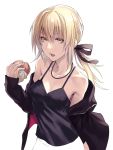  1girl applekun artoria_pendragon_(all) black_jacket black_ribbon black_shirt black_shorts blonde_hair breasts cleavage fate/grand_order fate/stay_night fate_(series) food hair_between_eyes hair_ribbon hamburger highres holding holding_food jacket jewelry looking_at_viewer medium_breasts necklace open_mouth ribbon saber_alter saber_alter_costume_ver._shinjuku_1999 shirt shorts simple_background solo upper_body white_background yellow_eyes 