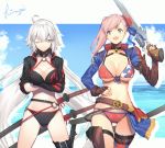  2girls ahoge american_flag_bikini asymmetrical_hair bangs belt bikini black_bikini black_choker black_gloves black_jacket blue_eyes blush border breasts bun_cover choker cleavage cloud cloudy_sky commentary_request cropped_jacket fate/grand_order fate_(series) flag_print gloves gunblade hair_bun highres holding holding_sword holding_weapon jacket jeanne_d&#039;arc_(alter_swimsuit_berserker) jeanne_d&#039;arc_(fate)_(all) katana kibou large_breasts long_hair looking_at_viewer miyamoto_musashi_(fate/grand_order) miyamoto_musashi_(swimsuit_berserker)_(fate) multiple_girls navel o-ring o-ring_bikini o-ring_bottom o-ring_top ocean one_eye_closed open_mouth pink_hair shrug_(clothing) signature silver_hair sky smile solo swept_bangs swimsuit sword thigh_strap thighhighs thighs very_long_hair weapon white_border white_hair yellow_eyes 