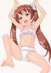  1girl armpits arms_up ass bangs bare_arms bare_legs bare_shoulders barefoot bikini blush brown_eyes brown_hair cameltoe collarbone commentary_request eyebrows_visible_through_hair flat_chest frilled_bikini frills hair_ribbon highres iwaki_kouji kantai_collection libeccio_(kantai_collection) long_hair navel open_mouth ribbon simple_background smile solo spread_legs swimsuit tan twintails 