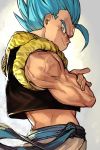  1boy blue_eyes blue_hair clothes_lift crossed_arms dragon_ball dragon_ball_super_broly fingernails frown gogeta gradient gradient_background grey_background grin hankuri looking_away looking_back male_focus midriff muscle pants profile simple_background smile spiked_hair super_saiyan_blue upper_body veins waistcoat white_background white_pants wind wind_lift 