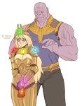  1boy 1girl armor avengers:_endgame blonde_hair blush breasts cowboy_shot crown embarrassed english_text flick-the-thief hair_between_eyes hairband humanization infinity_gauntlet infinity_gems long_hair marvel original personification purple_eyes purple_skin simple_background size_difference smile solo standing sweat text_focus thanos white_background 