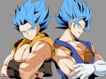  2boys back-to-back bangs bare_arms blue_eyes blue_hair crossed_arms dougi dragon_ball dragon_ball_z earrings gloves gogeta grey_background head_tilt jewelry kanekiyo_miwa looking_away male_focus multiple_boys muscle nipples parted_lips pectorals potara_earrings profile shaded_face simple_background smile spiked_hair super_saiyan_blue upper_body vegetto waistcoat white_gloves wristband 