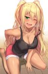  1girl absurdres bare_shoulders blonde_hair blush breasts cleavage collarbone danberu_nan_kiro_moteru? fang green_eyes hand_on_own_ass highres large_breasts long_hair looking_at_viewer lun7732 one_eye_closed open_mouth red_shorts sakura_hibiki_(danberu_nan_kiro_moteru?) shiny shiny_skin shorts sitting smile solo steaming_body sweat tan tank_top twintails wariza 