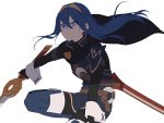  1girl blue_eyes blue_hair boots cape closed_mouth fingerless_gloves fire_emblem fire_emblem_awakening gloves hair_ornament long_hair lucina_(fire_emblem) ryon_(ryonhei) sheath simple_background squatting sword symbol-shaped_pupils tiara turtleneck weapon white_background 