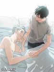  2boys artist_name backlighting bed bed_sheet black_hair blue_eyes closed_eyes collarbone commentary fingernails from_above gearous grey_hair grey_shirt half-closed_eyes highres holding_hands katsuki_yuuri light_smile looking_away lying male_focus multiple_boys on_bed on_side pants pillow shaded_face shirt shirtless simple_background sitting smile symbol_commentary viktor_nikiforov white_background yaoi yuri!!!_on_ice 