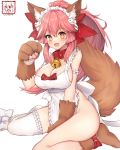  1girl absurdres animal_ear_fluff animal_ears apron bangs bare_shoulders bell bell_collar blush bow breasts cat_hair_ornament cat_paws cleavage collar fang fate/extra fate/grand_order fate_(series) fox_ears fox_girl fox_tail gloves hair_between_eyes hair_bow hair_ornament highres jingle_bell large_breasts long_hair looking_at_viewer maid_headdress naked_apron neko_lu_(wofud453) open_mouth paw_gloves paw_shoes paws pink_hair ponytail red_bow shoes sidelocks simple_background single_thighhigh sitting smile solo tail tamamo_(fate)_(all) tamamo_cat_(fate) thighhighs thighs wariza white_background white_legwear yellow_eyes 