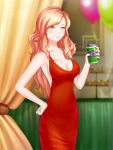  1girl alcohol artist_request backless_dress backless_outfit balloon bare_back bare_shoulders beer beer_can blonde_hair breasts can cleavage closed_mouth collarbone cowboy_shot cupcake curtains date_crush_stories dress food game_cg green_eyes half-closed_eyes highres holding kayla_(date_crush_stories) long_hair looking_at_viewer no_bra party red_dress sleeveless sleeveless_dress smile solo standing table 