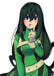  1girl absurdres asui_tsuyu bangs black_eyes blush bodysuit boku_no_hero_academia breasts cowboy_shot finger_to_cheek formal green_bodysuit green_hair hair_between_eyes highres long_hair looking_at_viewer rayrie simple_background solo suit tongue tongue_out upper_body white_background 