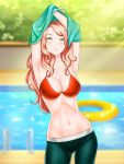  1girl abs arm_up armpit_peek armpits arms_up artist_request bare_shoulders blonde_hair bra breasts cleavage closed_mouth collarbone cowboy_shot date_crush_stories day fence game_cg green_eyes highres kayla_(date_crush_stories) leaf light_rays long_hair looking_at_viewer midriff navel outdoors pants plant pool pool_ladder poolside red_bra smile solo stomach sunbeam sunlight tree underwear undressing water 