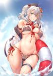  1girl ass_visible_through_thighs beret bikini blue_eyes blue_sky blush breasts cameltoe cleavage day front-tie_bikini front-tie_top grin groin hat highres holding jacket kantai_collection kashima_(kantai_collection) kerchief ksb_(ugheaven) large_breasts lifebuoy long_hair looking_at_viewer navel off_shoulder outdoors parted_lips red_neckwear shiny shiny_skin side-tie_bikini sidelocks silver_hair skindentation sky smile solo stomach sunlight swimsuit thigh_strap tsurime twintails wading watch wavy_hair wet wet_clothes wristwatch 