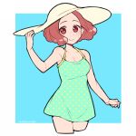 1girl artist_name bare_arms bare_shoulders blue_background border breasts brown_eyes brown_hair cleavage closed_mouth cowboy_shot cropped_legs do_m_kaeru dress_swimsuit hand_on_headwear hat looking_at_viewer okumura_haru persona persona_5 polka_dot polka_dot_swimsuit short_hair signature smile solo sun_hat swimsuit two-tone_background white_border 