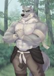  2019 abs absurd_res adios anthro biceps black_nose bottomwear canid canine canis clothing digital_media_(artwork) fur hi_res male mammal muscular muscular_male nipples pecs simple_background solo standing wolf 