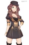  1girl black_headwear breasts brown_hair cleavage closed_mouth dorothea_arnault earrings fire_emblem fire_emblem:_three_houses green_eyes hat highres jewelry long_hair short_sleeves simple_background smile solo spiffydc twitter_username uniform white_background 