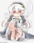 1girl armor barefoot black_hairband cape closed_mouth corrin_(fire_emblem) corrin_(fire_emblem)_(female) eromame feet fire_emblem fire_emblem_fates hairband long_hair pointy_ears red_eyes simple_background sitting solo twitter_username white_hair 