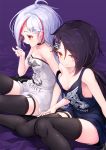  2girls ahoge azur_lane bandaid bandaid_on_nose bare_shoulders black_hair black_legwear breasts cassin_(azur_lane) collarbone commentary_request downes_(azur_lane) earrings eyebrows_visible_through_hair hair_ornament hairclip heterochromia jewelry kurenai_musume long_hair looking_at_viewer low_ponytail mole mole_under_eye multicolored_hair multiple_girls open_mouth red_eyes red_hair retrofit_(azur_lane) revision shirt small_breasts strap_slip streaked_hair thigh_strap thighhighs two-tone_hair white_hair yellow_eyes 