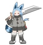  1girl animal_ears boots coat full_body huge_weapon konachiu long_sleeves original over_shoulder red_eyes sleeves_past_wrists striped_tail sword tail v-shaped_eyebrows weapon weapon_over_shoulder wide_sleeves 