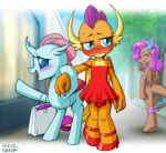  2019 anthro arthropod bag blue_eyes blush changeling clothing dragon dress duo_focus footwear friendship_is_magic group hair holding_object horn mina_(mlp) my_little_pony no_pupils nude ocellus_(mlp) open_mouth open_smile outside pink_hair shoes smile smolder_(mlp) spade_tail uotapo 