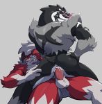  2019 anthro anthro_on_anthro anthrofied balls black_fur bodily_fluids canid canine claws cowgirl_position cum cum_in_ass cum_inside duo erection fur genital_fluids hi_res interspecies looking_at_viewer looking_back lycanroc male male/male mammal midnight_lycanroc muscular muscular_male mustelid nintendo obstagoon on_top penis pok&eacute;mon pok&eacute;mon_(species) pok&eacute;morph rear_view red_fur sex sharp_teeth smile teeth tongue video_games voviat white_fur 