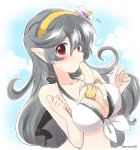  1girl alternate_color banana between_breasts bikini black_hair breasts cleavage corrin_(fire_emblem) corrin_(fire_emblem)_(female) eating eromame fire_emblem fire_emblem_fates fire_emblem_heroes food fruit hairband long_hair pointy_ears red_eyes solo swimsuit twitter_username upper_body yellow_hairband 