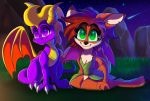  2019 brown_hair claws detailed_background digital_media_(artwork) dragon elora grass green_eyes hair hi_res horn membrane_(anatomy) membranous_wings night outside plaguedogs123 purple_eyes scales scalie sitting sky spines spyro_the_dragon star starry_sky video_games western_dragon wings 