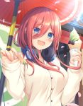  1girl :d blue_eyes blurry blush breasts brown_hair buttons collarbone commentary_request day depth_of_field dress_shirt food go-toubun_no_hanayome hair_between_eyes hands_up headphones headphones_around_neck holding holding_food ice_cream large_breasts long_hair long_sleeves looking_at_viewer mutsuba_fumi nakano_miku open_mouth oriental_umbrella outdoors petals shirt sidelocks smile solo sunlight umbrella upper_body white_shirt 
