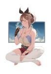  1girl absurdres atelier_(series) atelier_ryza belt breasts brown_eyes brown_gloves brown_hair cleavage collarbone eating food full_body gloves hat highres holding holding_food indian_style jewelry large_breasts looking_away necklace pandako popsicle red_shorts reisalin_stout short_hair short_shorts shorts single_glove sitting solo star thighhighs white_background white_headwear 