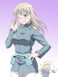  2girls bespectacled blonde_hair blush breasts eila_ilmatar_juutilainen eyebrows_visible_through_hair glasses gradient gradient_background grin hand_on_hip hiro_yoshinaka large_breasts looking_at_viewer military military_uniform multiple_girls no_eyewear one_eye_closed open_mouth pantyhose parted_lips perrine_h_clostermann purple_background purple_eyes shiny shiny_hair simple_background smile strike_witches sweatdrop teeth uniform white_background white_hair white_legwear world_witches_series 